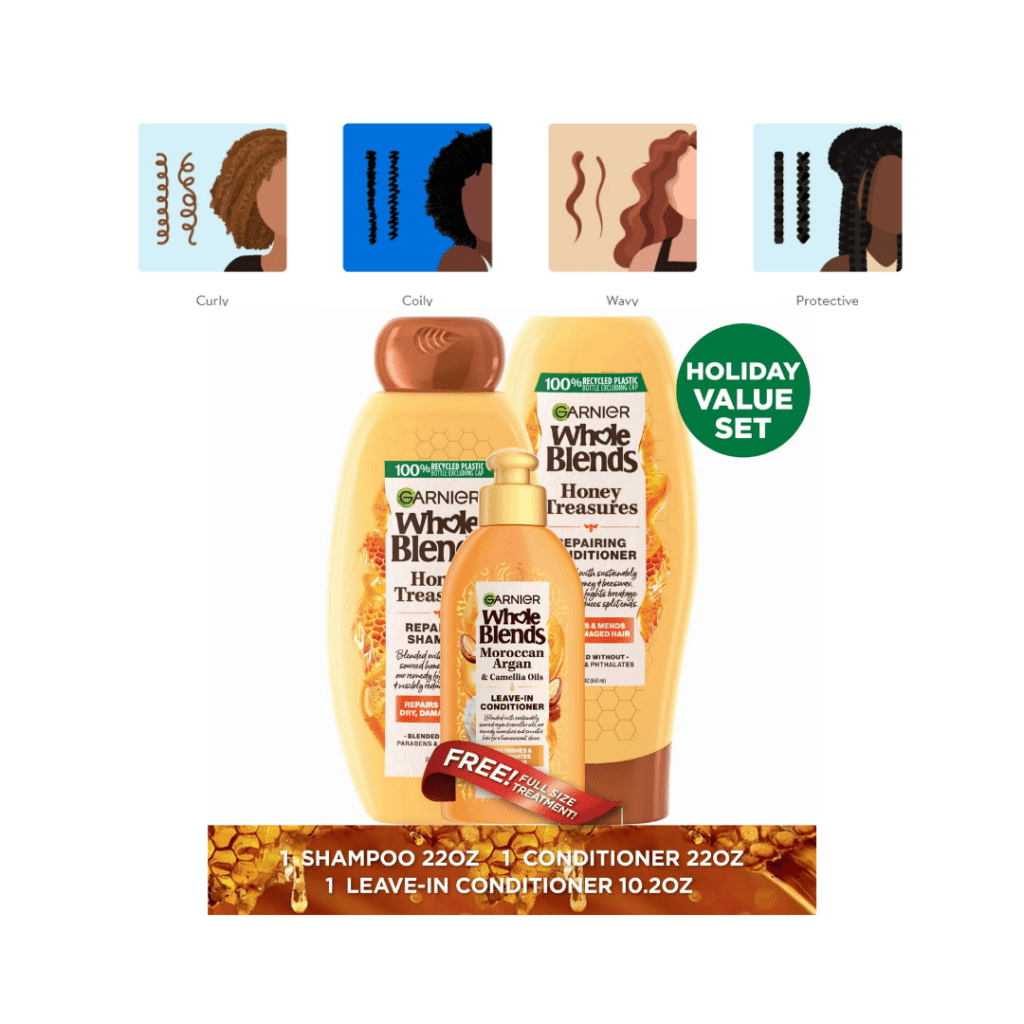 Garnier Whole Blends Honey Treasures Shampoo, Conditioner, and Treatment Gift Set. 