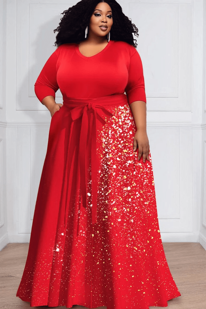 Plus Size Semi Formal Maxi Dresses Casual Red Gradient Fall Winter V Neck 3/4 Sleeve Wrap Knitted Maxi Dresses With Pocket by XPlusWear