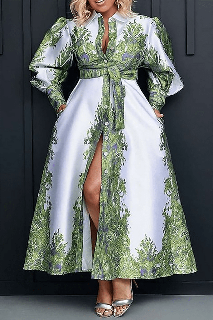 Plus Size Semi-Formal Dress Green Print Lantern Sleeve Maxi Dress With Belt